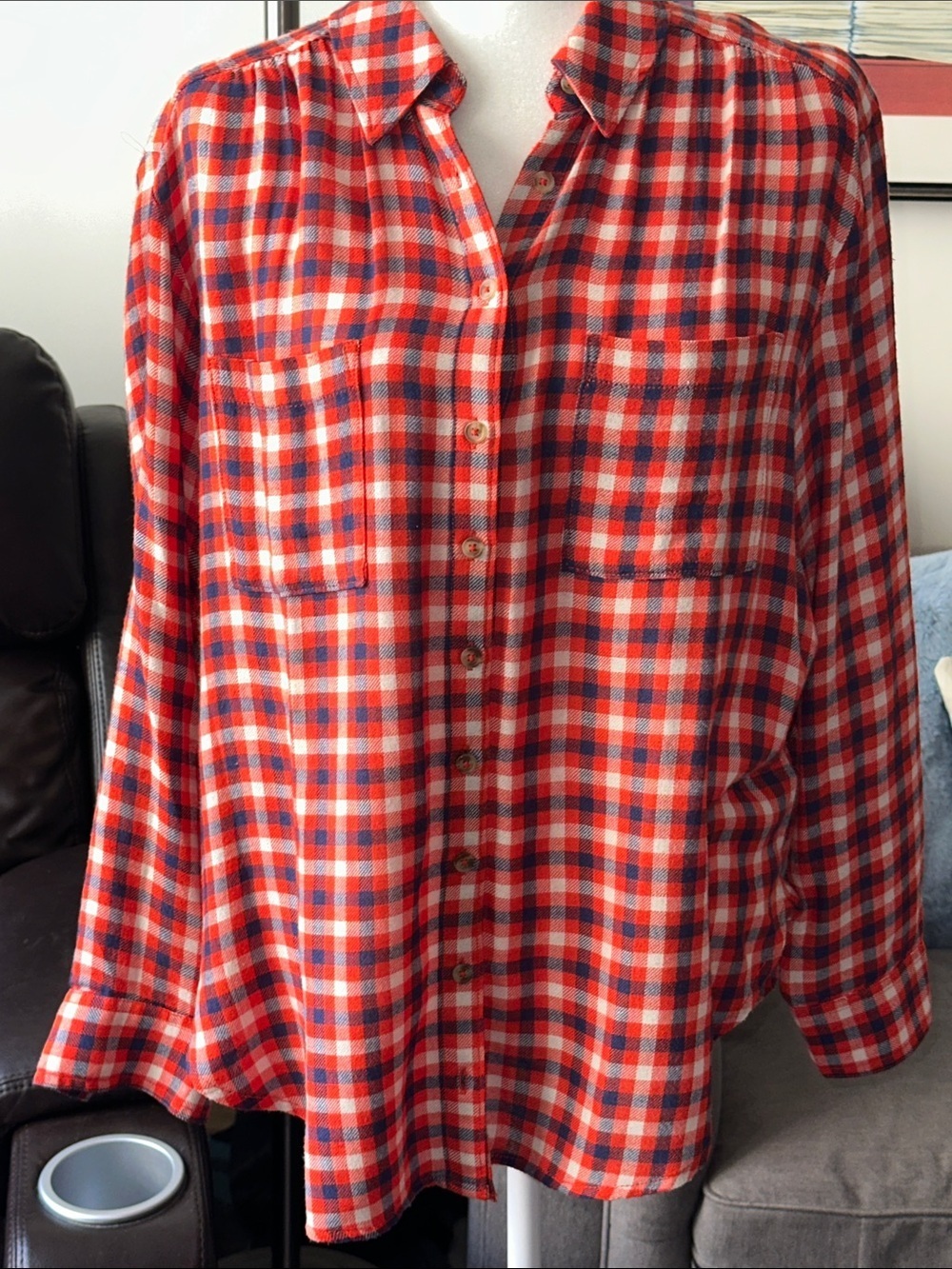 Pilcro Red and Navy Plaid Button-Down Shirt